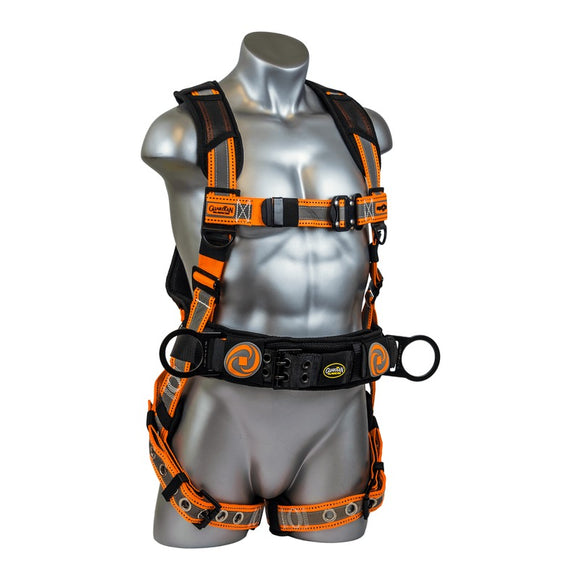 Cyclone Construction Harness Black/Orange, sewn-on Silver Reflective Webbing, QC Chest / TB leg / TB waist belt / Side D-rings / Size XL